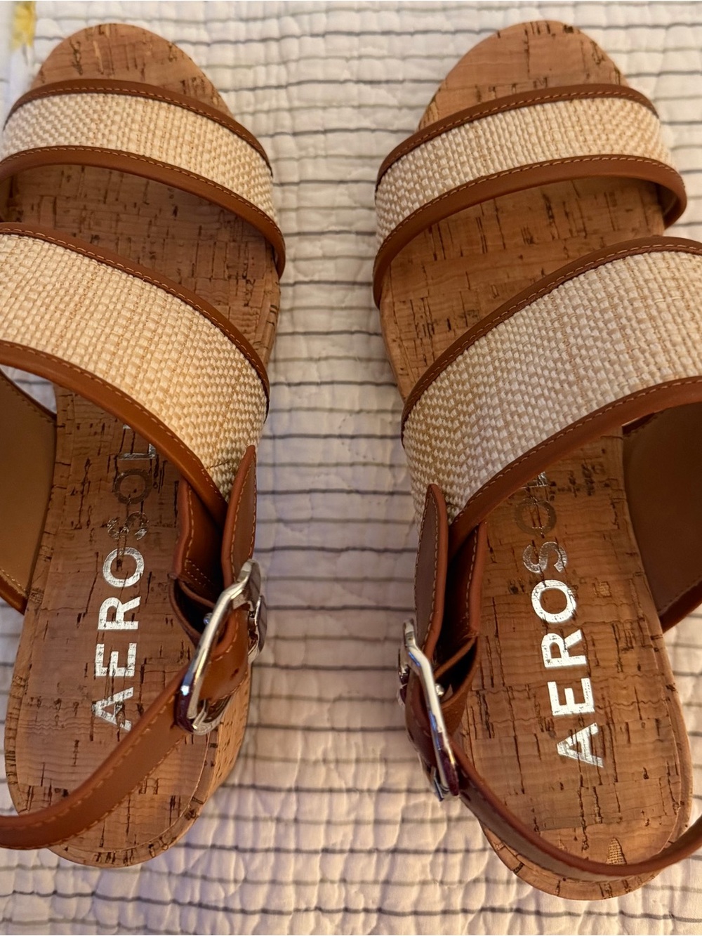 AEROSOLES Tan & Cream Cork Slide Sandals with Buckle